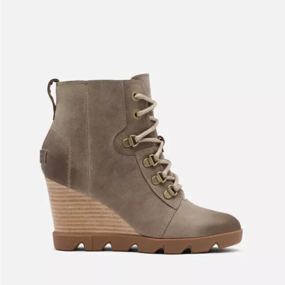 Sorel Joan Uptown Waterproof Wedge Bootie in mushroom. 8.5
